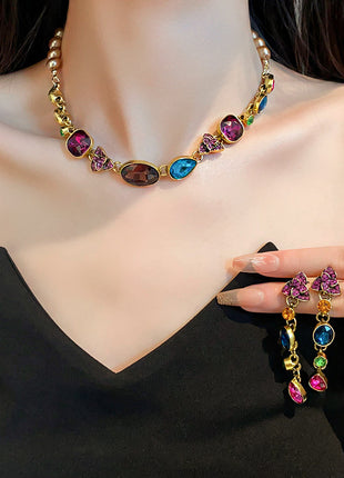 Rhinestone-encrusted Flower Necklace & Earrings Combination