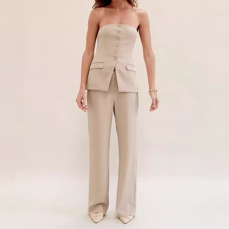 Graceful Sleeveless Tube Top Button and Long Trousers Set