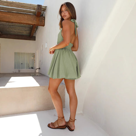 Hollow Out V-neck Halter Dress Sleeveless Backless Short Dress