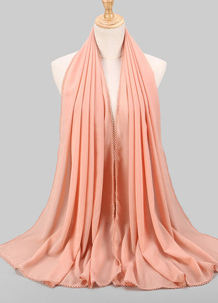 Elegant Women's Monochrome Lace Panel Pearl Chiffon Scarf