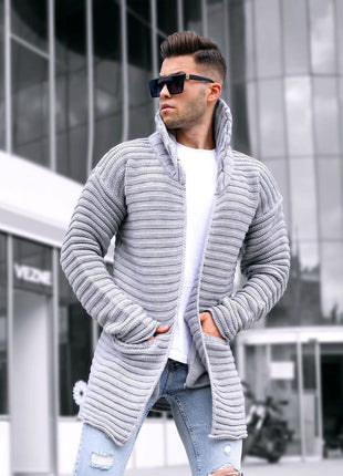 Knitted Cotton Ribbed Jacquard Lapel Cardigan Sweater