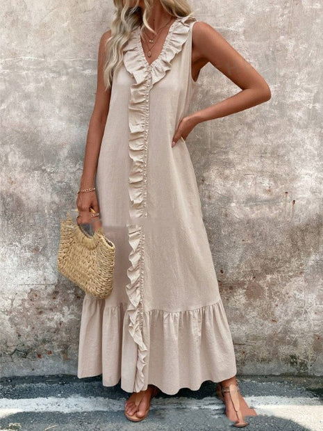 Sleeveless Cotton Linen V-neck Swing Dress
