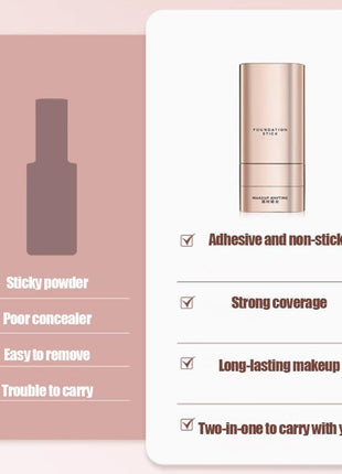 Product card with foundation stick and list of features on a pink background