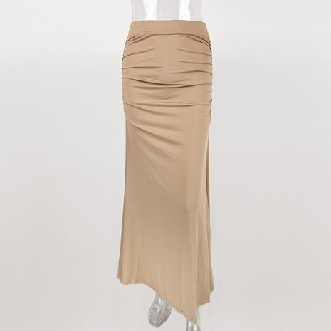 Stretch Silk Slim Hip Pleated Wide Hem Long Skirt