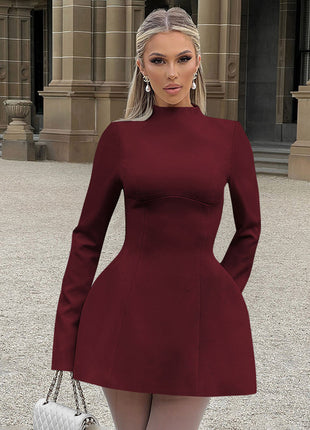 Round Neck Long Sleeve Slim Fit Cinched Short Dress