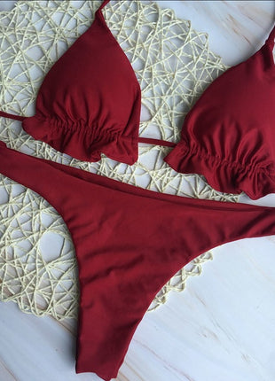 Ruffle Strap Solid Color Bikini Swimsuit