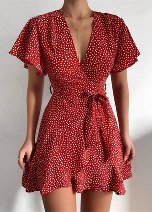 V-Neck Ruffled Belt Wrap Dress