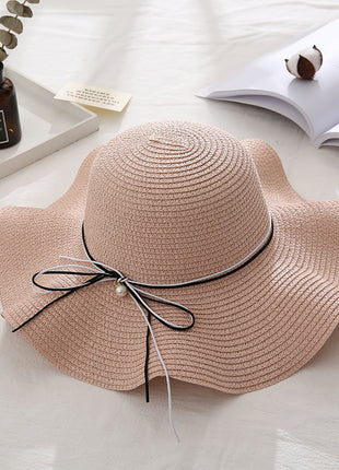 Pearl Bowknot Thin Brim Straw Hat