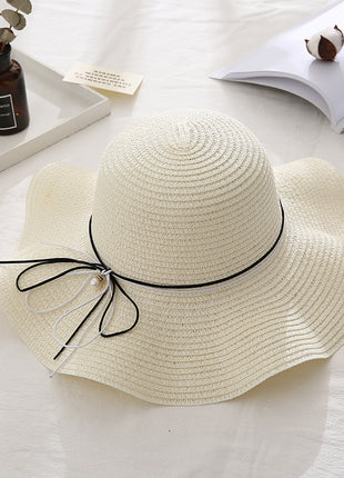 Pearl Bowknot Thin Brim Straw Hat