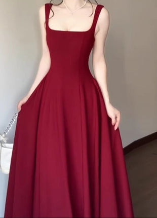 Red Slip Dress Summer French Square Collar