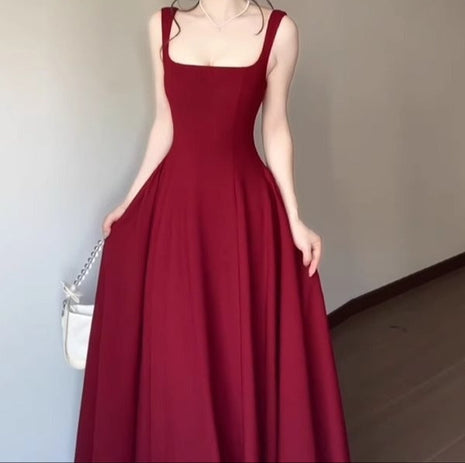 Red Slip Dress Summer French Square Collar