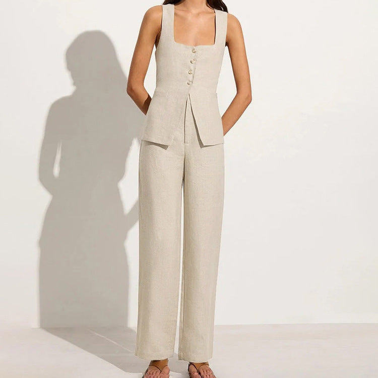 Cotton Sleeveless Square Collar Lace Up Vest High Waist Wide Leg Pants Suit Set