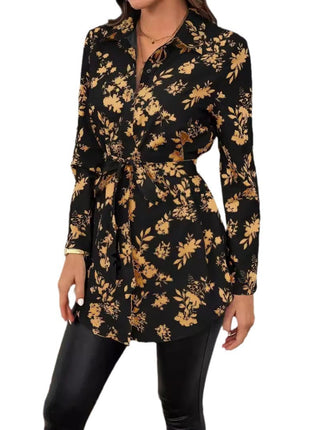 Elegant Floral Belted Long Sleeve Shirt