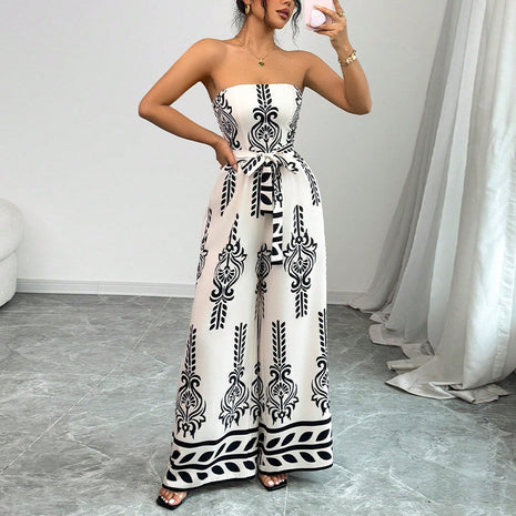 Wide-leg Slim Fit Tied Printed Jumpsuit