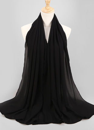 Elegant Women's Monochrome Lace Panel Pearl Chiffon Scarf