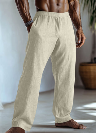 Cotton And Linen Solid Color Casual Trousers With Pockets