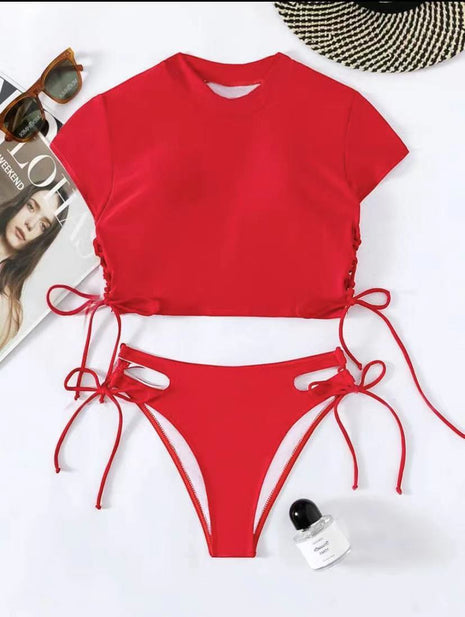 Two-piece Solid Color Short Sleeve Swimsuit