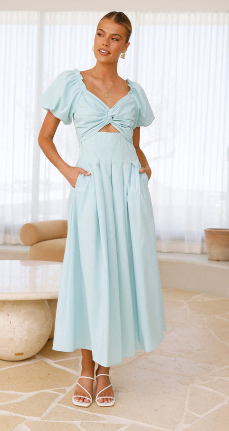 V-neck Long Puff Sleeve Long Slimming Dress