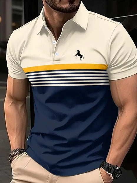 Men's Casual Striped Color Block Design Sports Style Collar Golf Shirt