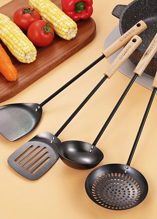 Big Black Long Handle Non-stick Cooking Iron Chef Set of 4