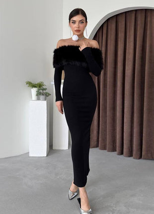 Off-shoulder Fur Collar Slim Fit Dress