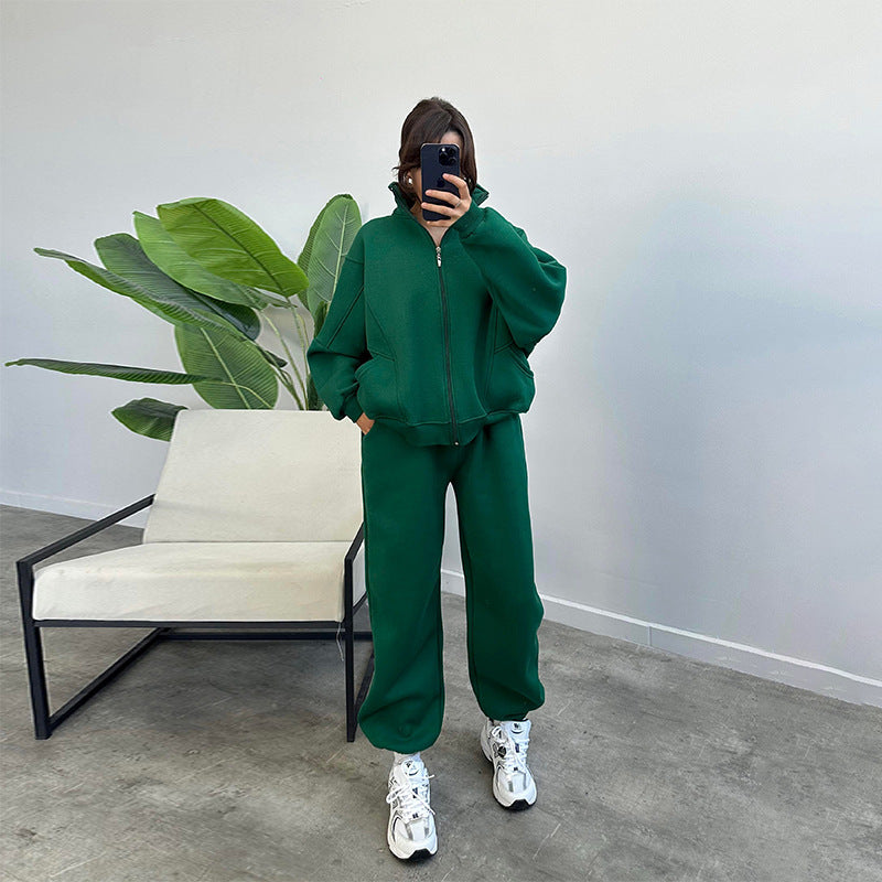 Stand-up Collar Zipper and Drawstring Trousers Set with Pockets