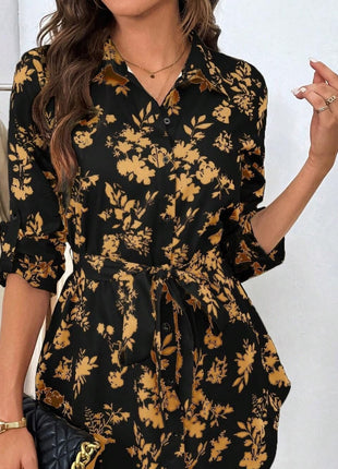 Elegant Floral Belted Long Sleeve Shirt