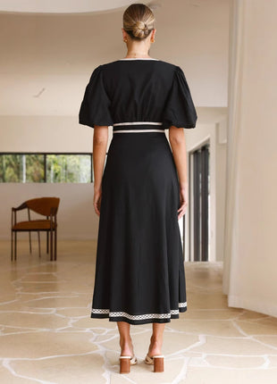 V-neck Stitching Lace Waist-tight Long Dress