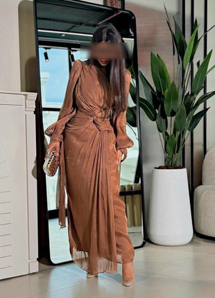 Pleated Ribbon Shiny Evening Dress