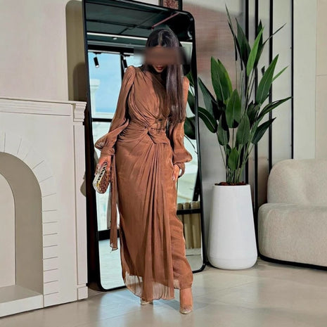 Pleated Ribbon Shiny Evening Dress