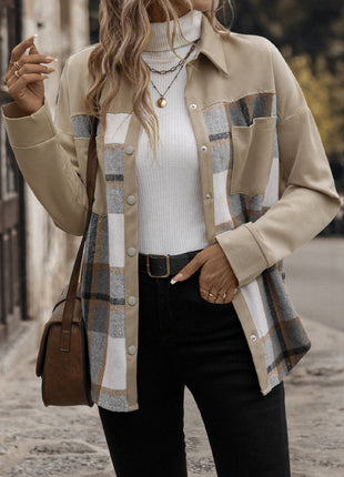 Lapel Pocket Plaid Colorblock Coat