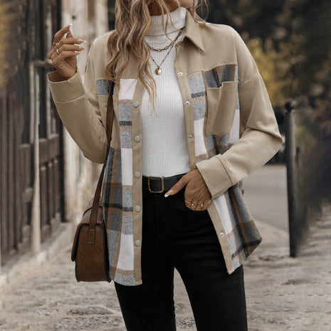 Lapel Pocket Plaid Colorblock Coat