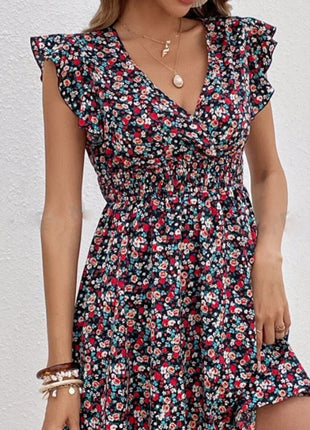 Small Floral Print High Waist Ruffles Dress