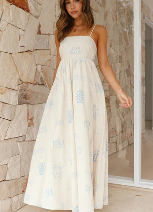 White & Sky-Blue Back Cutout Sling Dress