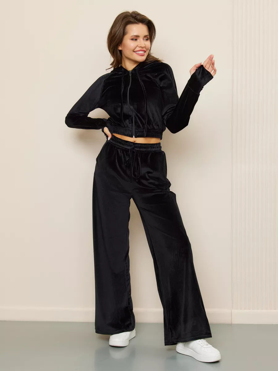 Zipper Cardigan Laced Pants Two-piece Set