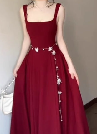 Red Slip Dress Summer French Square Collar