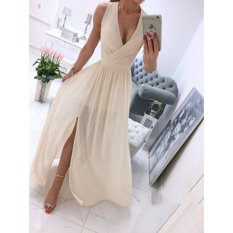 Sleeveless Ankle Skirt V-neck Front Split Dress
