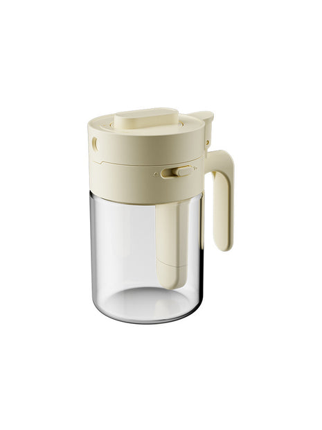 Clear glass mug with beige lid and handle on a white background