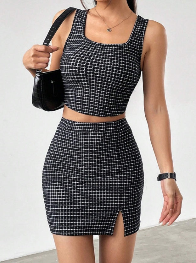 Plaid Square Collar Cropped Tank Top And Bodycon Mini Skirt Set