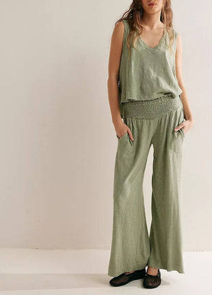 Knitted V-neck Top Elastic Waist Two-piece Suit