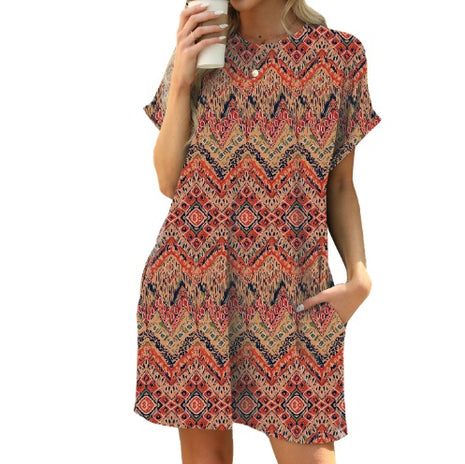 Loose Crew Neck Short Sleeve Pocket Dress