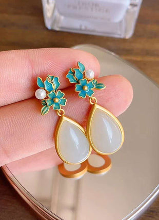 Natural White Jade Drop-shaped Earrings