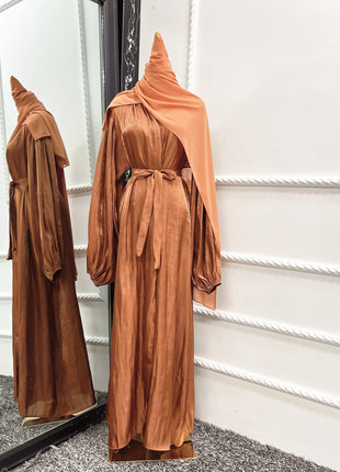 Bubble Sleeve Cardigan Elegant Long Lanyard Abaya with Headscarf