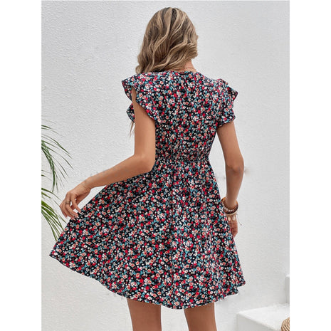 Small Floral Print High Waist Ruffles Dress