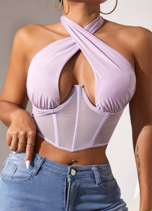 Top Stitching Mesh See-through Cross-halterneck Fishbone