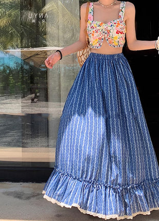 Blue And White Striped High Waist Slimming Skirt