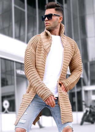 Knitted Cotton Ribbed Jacquard Lapel Cardigan Sweater