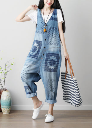 Sleeveless Washed Ripped Denim Suspender Overall
