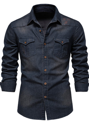 Men's Long-sleeved Denim Shirt Casual Solid Button Slim Tops Clothing
