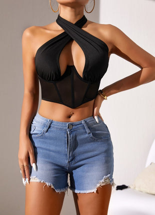 Top Stitching Mesh See-through Cross-halterneck Fishbone